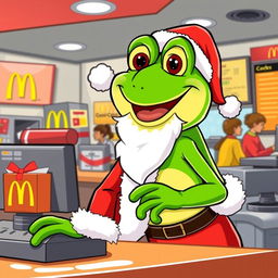A fun and whimsical vector illustration of Pepe the Frog dressed as Santa Claus, cheerfully working at a McDonald's restaurant