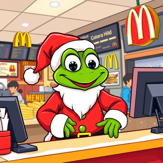 A fun and whimsical vector illustration of Pepe the Frog dressed as Santa Claus, cheerfully working at a McDonald's restaurant