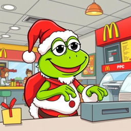 A fun and whimsical vector illustration of Pepe the Frog dressed as Santa Claus, cheerfully working at a McDonald's restaurant