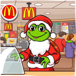 A fun and whimsical vector illustration of Pepe the Frog dressed as Santa Claus, cheerfully working at a McDonald's restaurant
