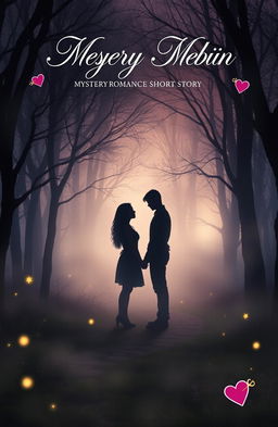 A captivating cover for a mystery romance short story, featuring an enchanting and misty forest at twilight