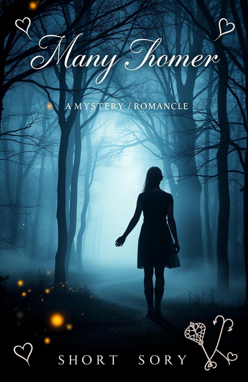 A captivating cover for a mystery romance short story, featuring an enchanting and misty forest at twilight