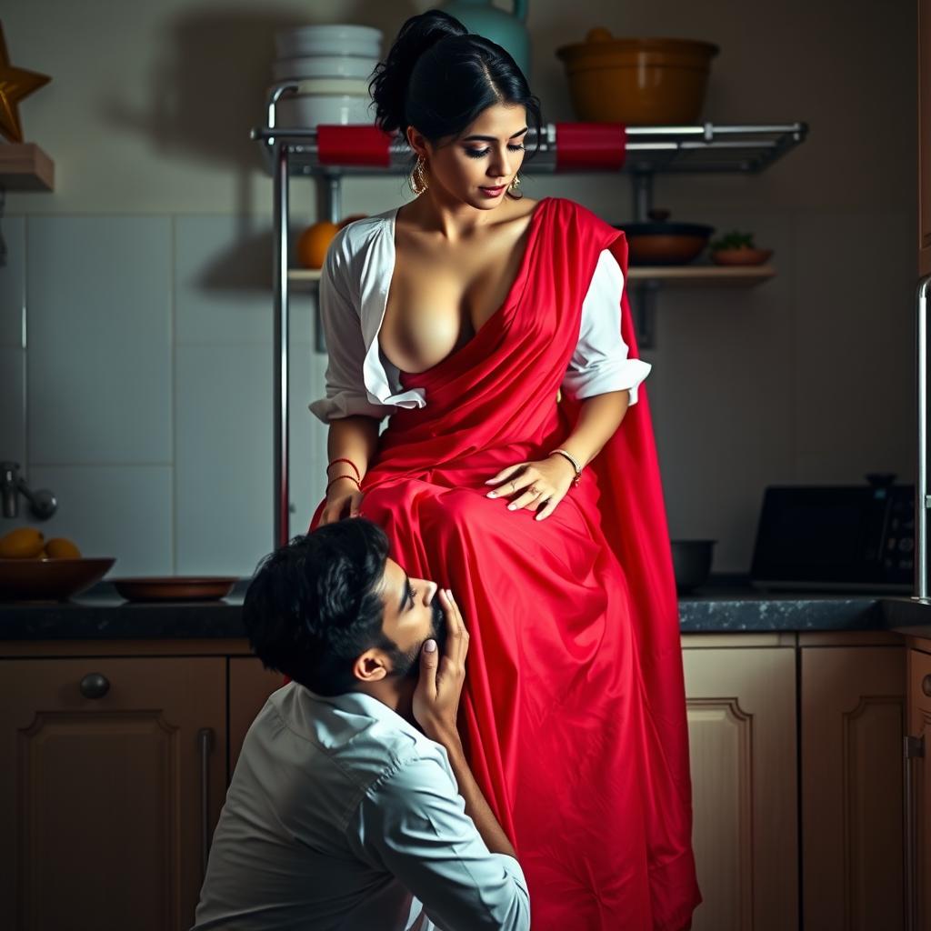 An intimate scene featuring a sexy Indian maid who is undressing, her short white blouse revealing her nude chest while she sits elegantly on a kitchen rack draped in a stunning red saree