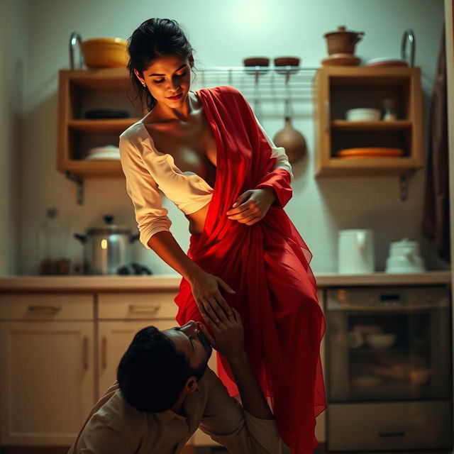 An intimate scene featuring a sexy Indian maid who is undressing, her short white blouse revealing her nude chest while she sits elegantly on a kitchen rack draped in a stunning red saree