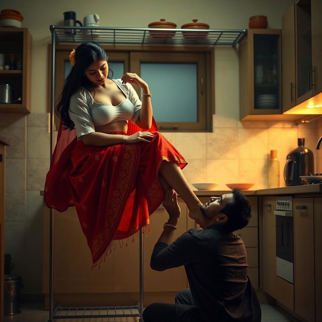 An intimate scene featuring a sexy Indian maid who is in the process of undressing, her short white blouse revealing her nude chest while she sits gracefully on a kitchen rack, elegantly adorned in a vibrant red saree