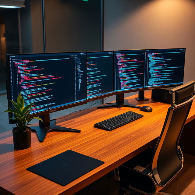 A sleek and modern workspace with multiple computer monitors displaying SQL database management software