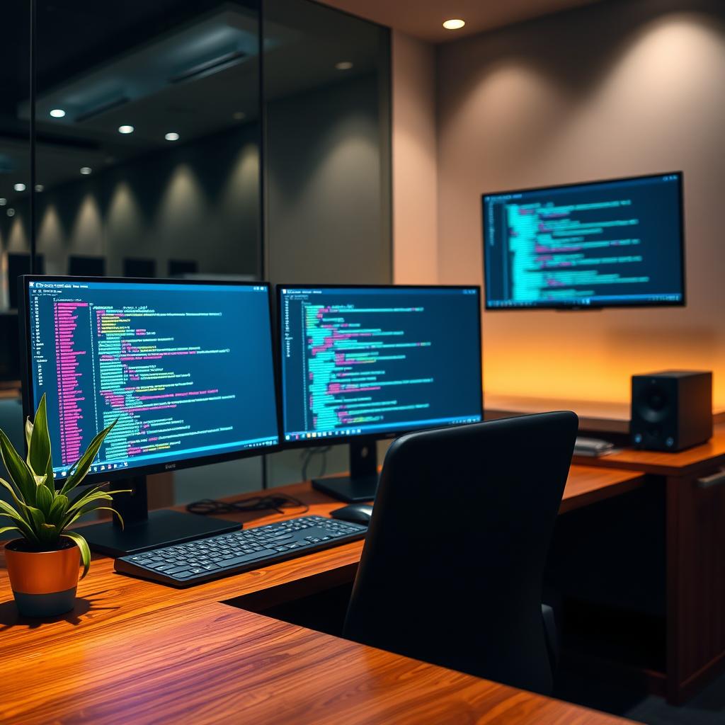 A sleek and modern workspace with multiple computer monitors displaying SQL database management software