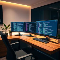 A sleek and modern workspace with multiple computer monitors displaying SQL database management software