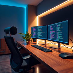 A sleek and modern workspace with multiple computer monitors displaying SQL database management software