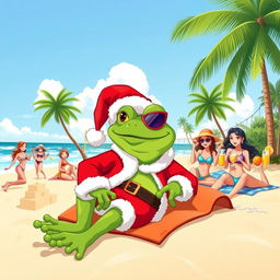 A vibrant and playful illustration featuring a character resembling a green frog, styled like Pepe the Frog, dressed in a classic Santa Claus outfit