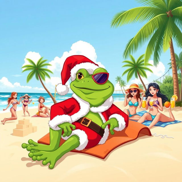 A vibrant and playful illustration featuring a character resembling a green frog, styled like Pepe the Frog, dressed in a classic Santa Claus outfit