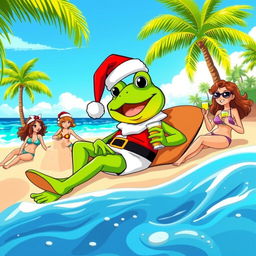 A vibrant and playful illustration featuring a character resembling a green frog, styled like Pepe the Frog, dressed in a classic Santa Claus outfit