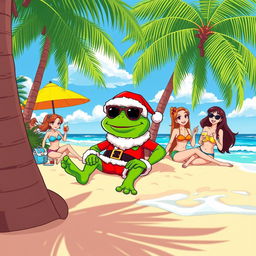 A vibrant and playful illustration featuring a character resembling a green frog, styled like Pepe the Frog, dressed in a classic Santa Claus outfit