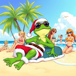 A vibrant and playful illustration featuring a character resembling a green frog, styled like Pepe the Frog, dressed in a classic Santa Claus outfit