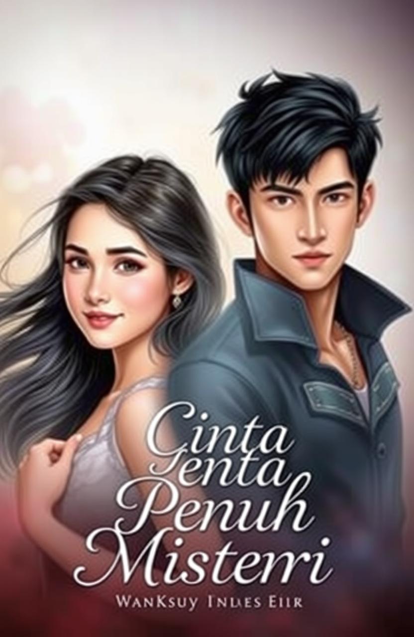 A captivating book cover featuring Adara and Asatra, the main characters of the story titled 'Cinta Penuh Misteri'