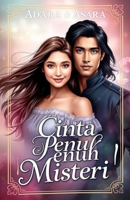 A captivating book cover featuring Adara and Asatra, the main characters of the story titled 'Cinta Penuh Misteri'