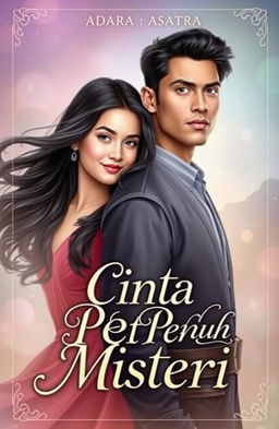A captivating book cover featuring Adara and Asatra, the main characters of the story titled 'Cinta Penuh Misteri'