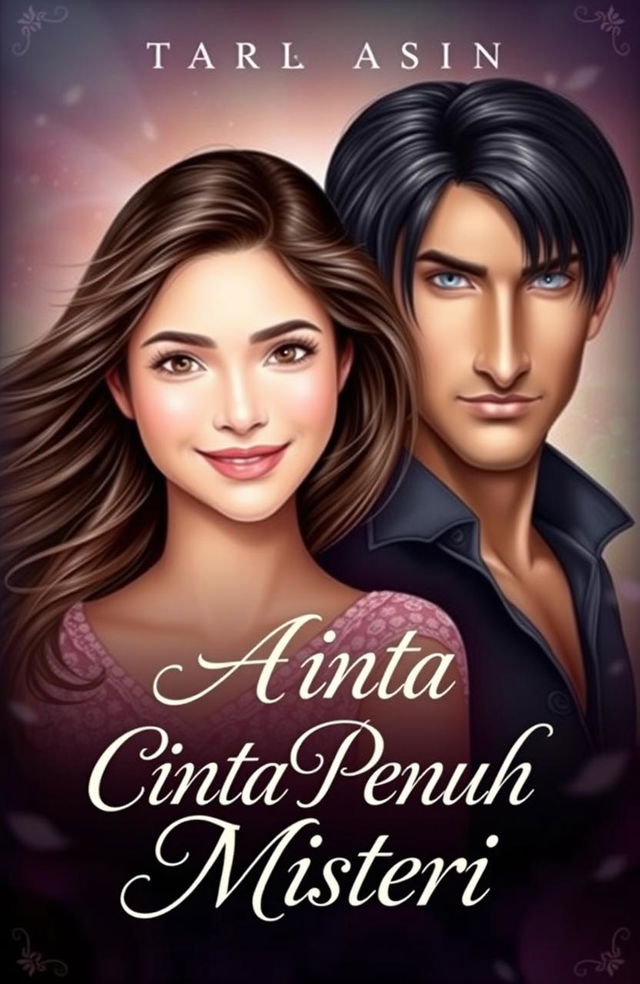 A captivating book cover featuring Adara and Asatra, the main characters of the story titled 'Cinta Penuh Misteri'