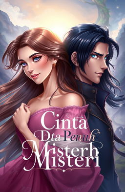 A beautiful cover illustration for the story 'Cinta Penuh Misteri', featuring two main characters: Adara and Asatra