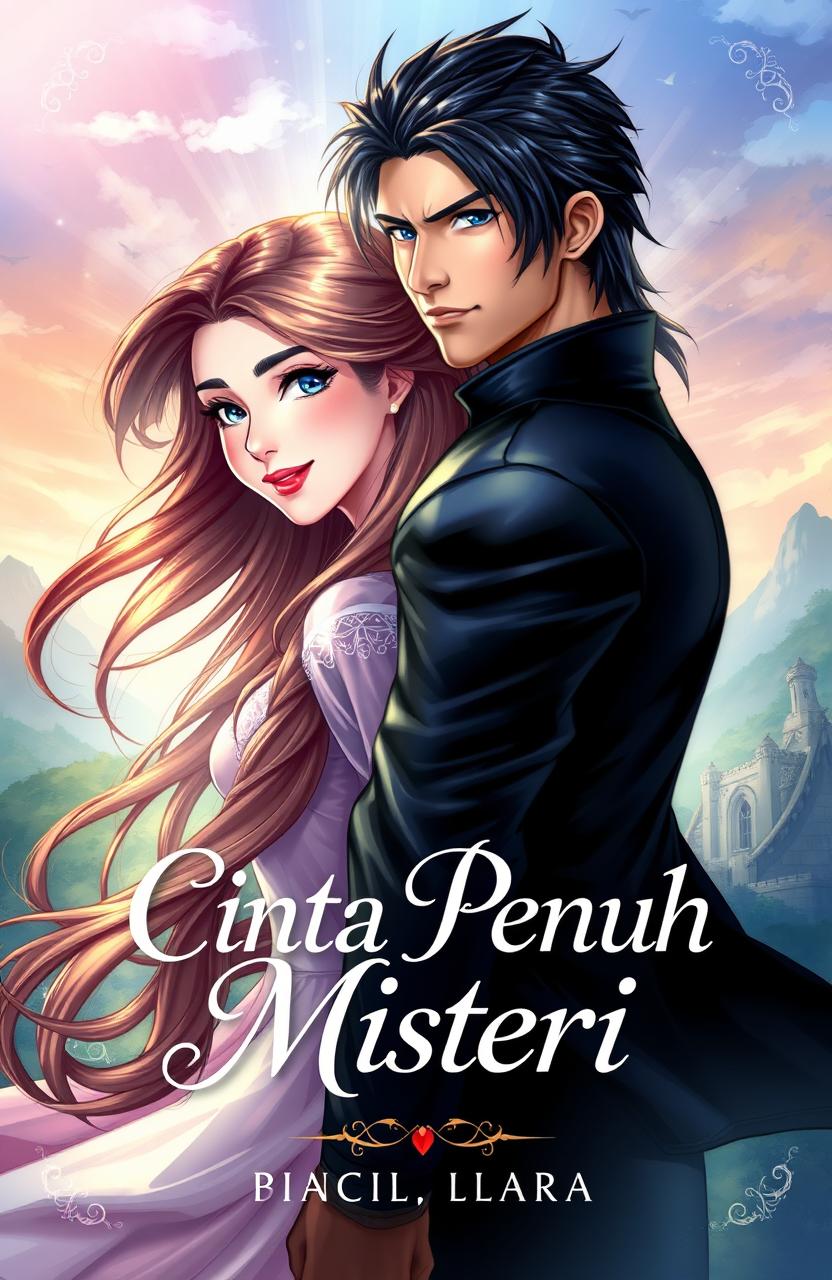 A beautiful cover illustration for the story 'Cinta Penuh Misteri', featuring two main characters: Adara and Asatra