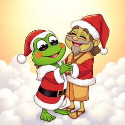 A joyful cartoon scene in vector style depicting Pepe the Frog dressed as Santa Claus meeting Jesus in heaven