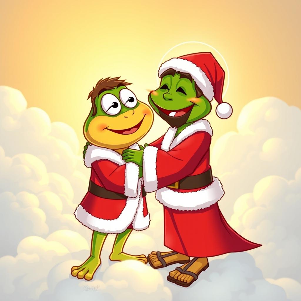 A joyful cartoon scene in vector style depicting Pepe the Frog dressed as Santa Claus meeting Jesus in heaven