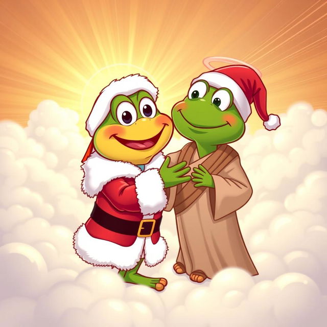 A joyful cartoon scene in vector style depicting Pepe the Frog dressed as Santa Claus meeting Jesus in heaven