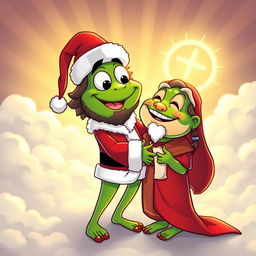 A joyful cartoon scene in vector style depicting Pepe the Frog dressed as Santa Claus meeting Jesus in heaven