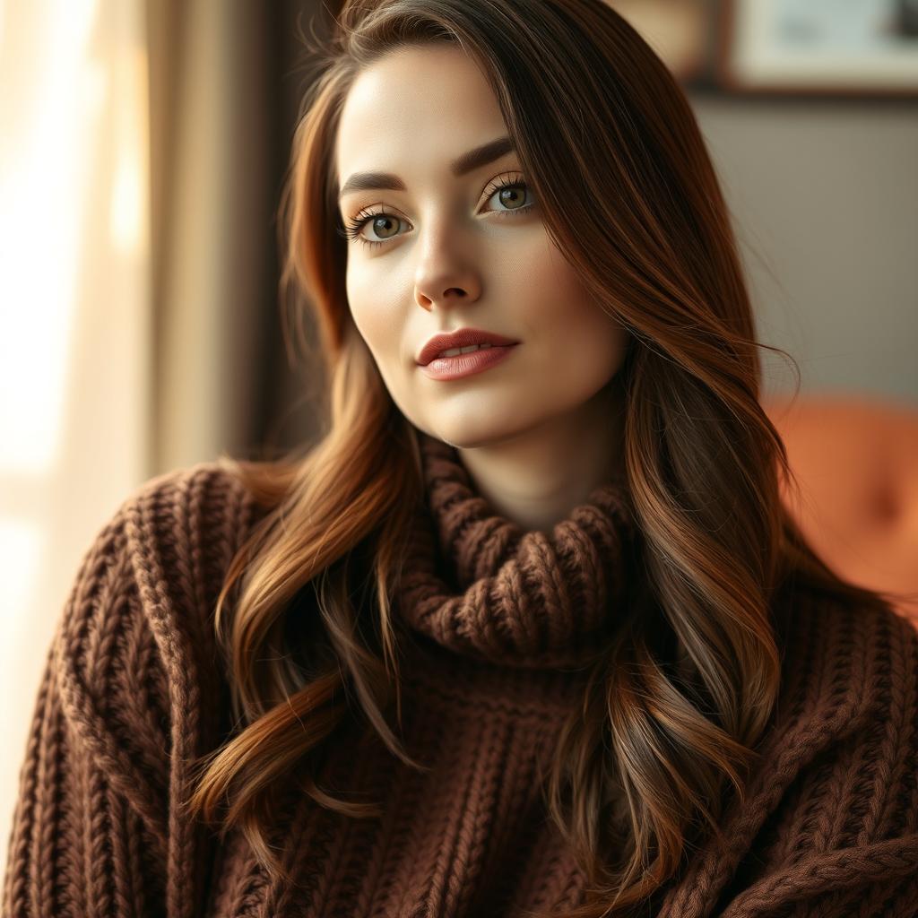 A woman between the ages of 30 and 45, with stunning chestnut brown hair and refined European features