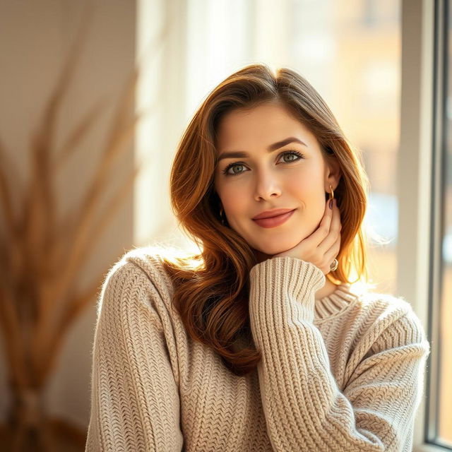 A woman between the ages of 30 and 45, with stunning chestnut brown hair and refined European features