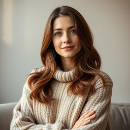 A woman between the ages of 30 and 45, with stunning chestnut brown hair and refined European features
