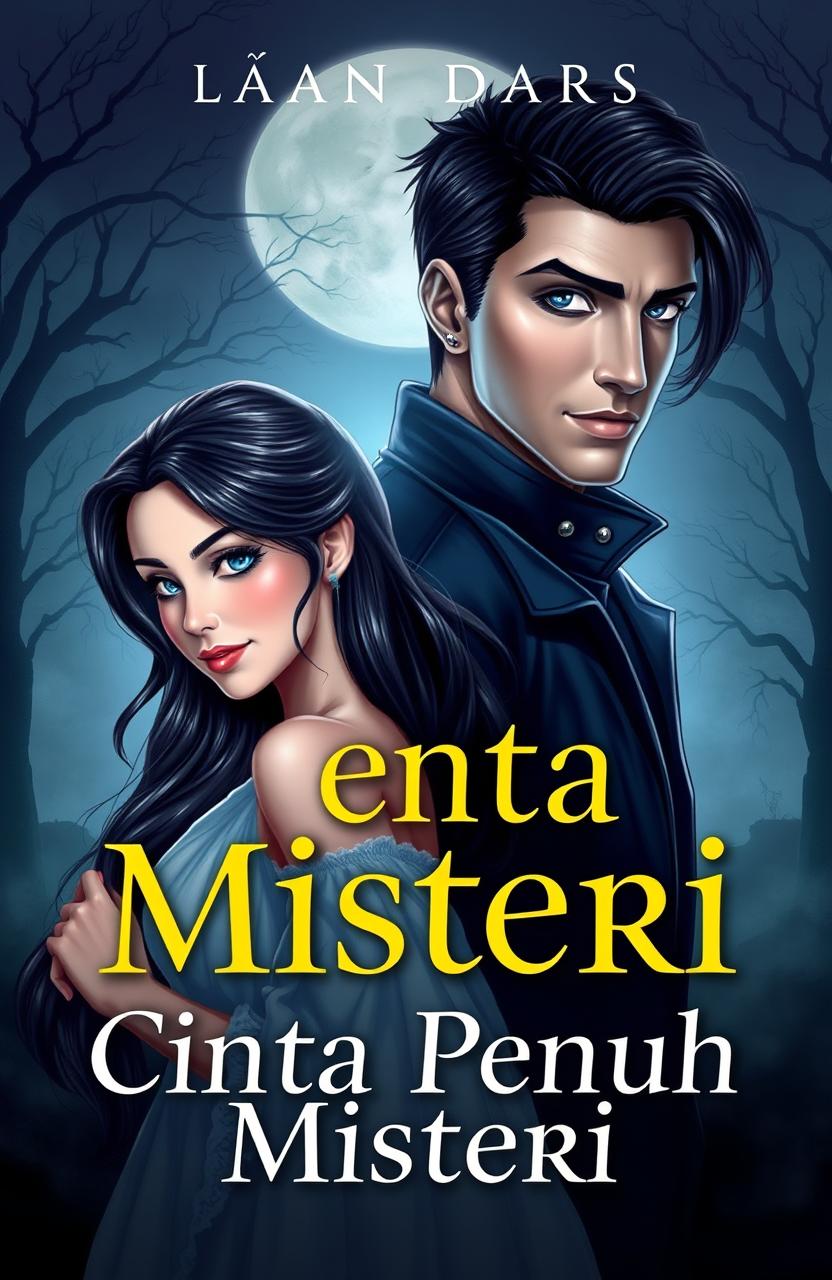 A stunning book cover featuring two main characters: Adara, a graceful woman with a soft demeanor and a sweet smile, and Asatra, a strong and impressive man with black hair, blue eyes, and a cold expression