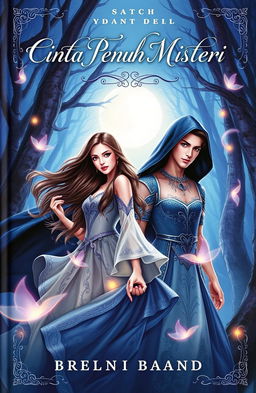 A captivating book cover for the story of 'Cinta Penuh Misteri', featuring two main characters: Adara, a beautiful young woman with long flowing hair, dressed in a mystic-themed gown adorned with intricate patterns and Asatra, a mysterious man with sharp features wearing a dark cloak