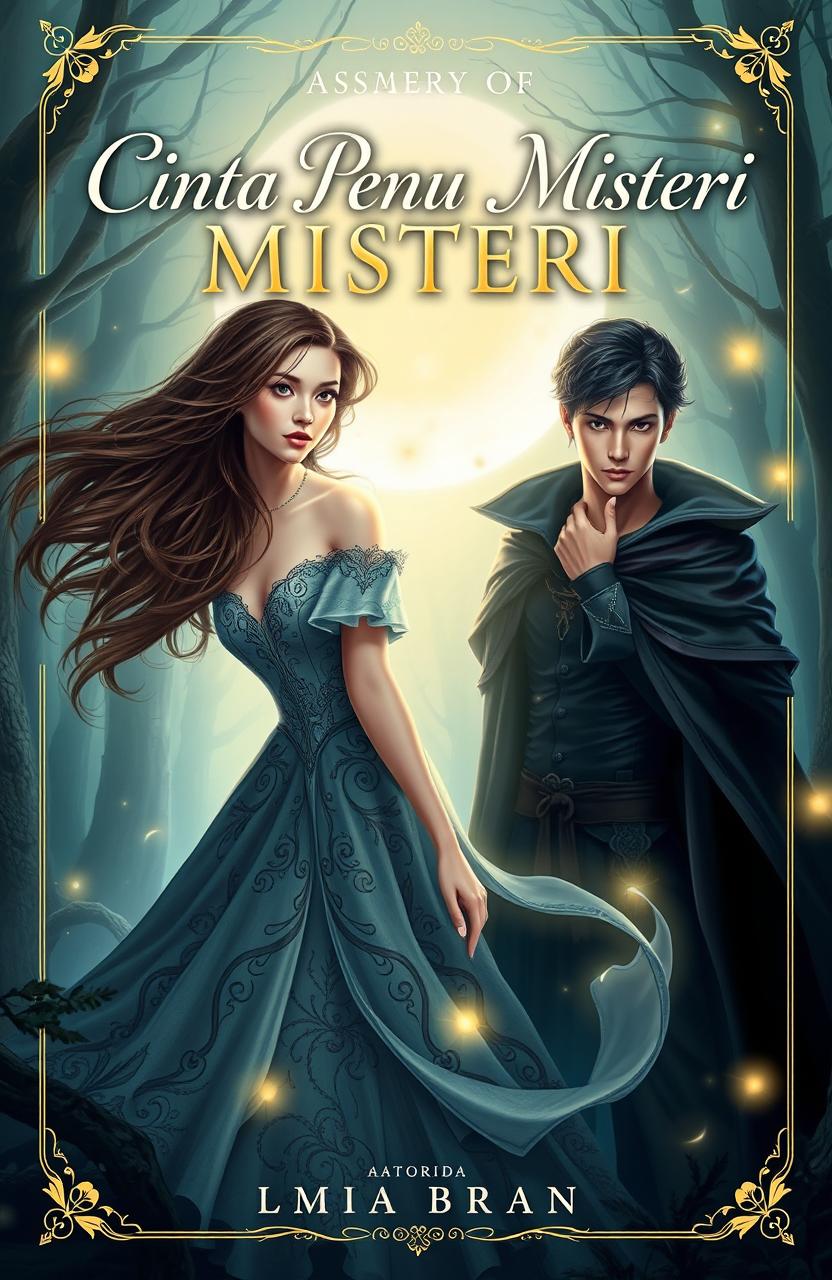 A captivating book cover for the story of 'Cinta Penuh Misteri', featuring two main characters: Adara, a beautiful young woman with long flowing hair, dressed in a mystic-themed gown adorned with intricate patterns and Asatra, a mysterious man with sharp features wearing a dark cloak