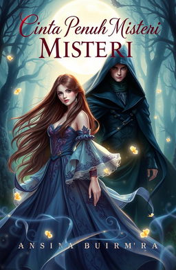 A captivating book cover for the story of 'Cinta Penuh Misteri', featuring two main characters: Adara, a beautiful young woman with long flowing hair, dressed in a mystic-themed gown adorned with intricate patterns and Asatra, a mysterious man with sharp features wearing a dark cloak