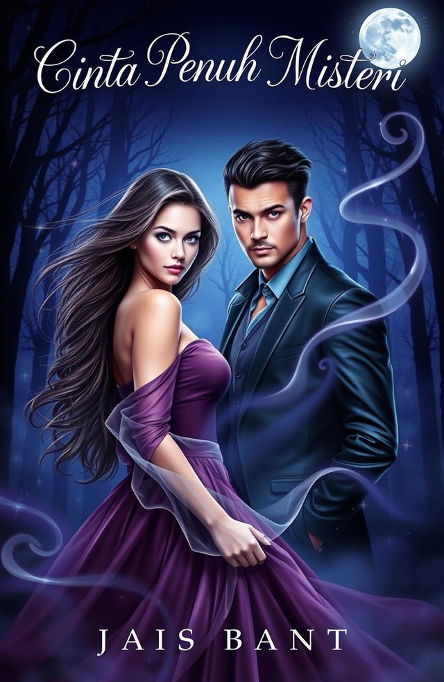 A romantic mystery novel cover featuring two intriguing characters, Adara and Asatra, surrounded by an enigmatic and alluring atmosphere