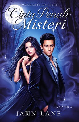 A romantic mystery novel cover featuring two intriguing characters, Adara and Asatra, surrounded by an enigmatic and alluring atmosphere