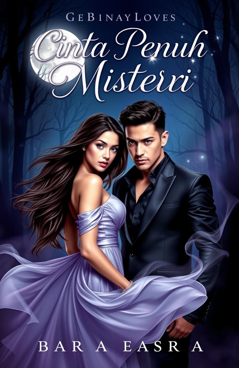 A romantic mystery novel cover featuring two intriguing characters, Adara and Asatra, surrounded by an enigmatic and alluring atmosphere