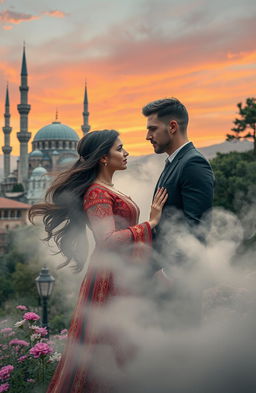 A captivating and mysterious scene depicting the love story of Adara and Asatsra set in a beautiful Turkish landscape