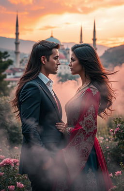 A captivating and mysterious scene depicting the love story of Adara and Asatsra set in a beautiful Turkish landscape
