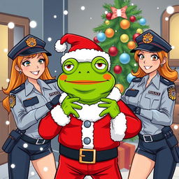 A humorous scene depicting Pepe the Frog dressed as Santa Claus being playfully arrested by two female police officers
