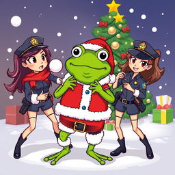 A humorous scene depicting Pepe the Frog dressed as Santa Claus being playfully arrested by two female police officers