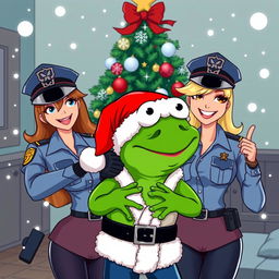 A humorous scene depicting Pepe the Frog dressed as Santa Claus being playfully arrested by two female police officers