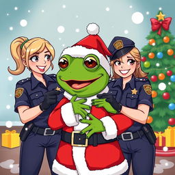 A humorous scene depicting Pepe the Frog dressed as Santa Claus being playfully arrested by two female police officers