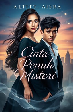 A romantic and mysterious cover art for a Wattpad story titled 'Cinta Penuh Misteri', featuring two captivating main characters, Adara and Asatra