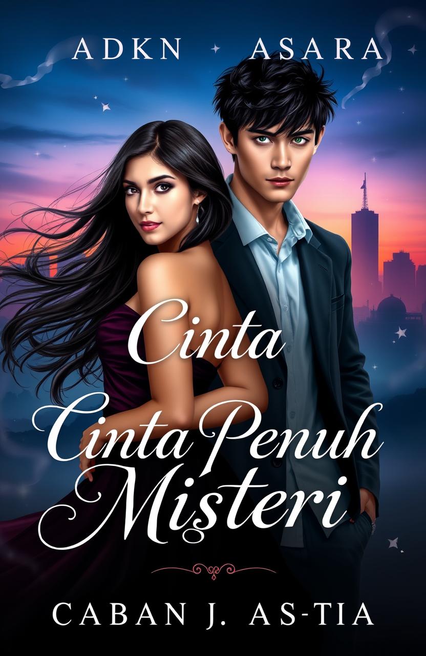 A romantic and mysterious cover art for a Wattpad story titled 'Cinta Penuh Misteri', featuring two captivating main characters, Adara and Asatra
