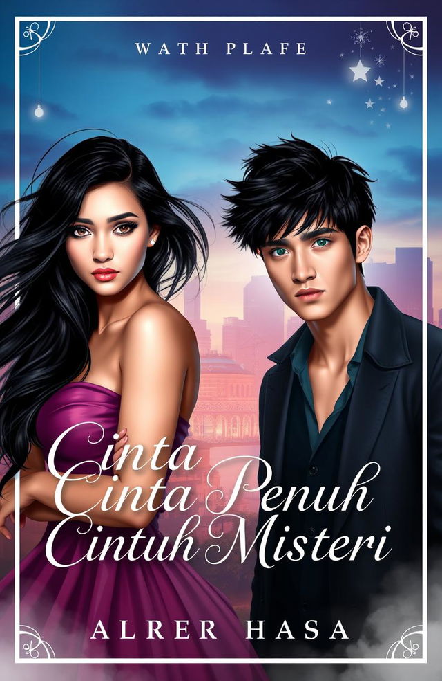 A romantic and mysterious cover art for a Wattpad story titled 'Cinta Penuh Misteri', featuring two captivating main characters, Adara and Asatra