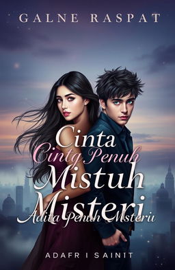 A romantic and mysterious cover art for a Wattpad story titled 'Cinta Penuh Misteri', featuring two captivating main characters, Adara and Asatra