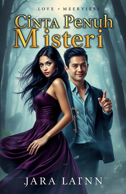 A captivating book cover for the story 'Cinta Penuh Misteri', featuring the characters Adara and Asatra