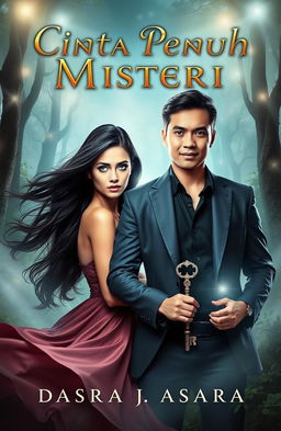 A captivating book cover for the story 'Cinta Penuh Misteri', featuring the characters Adara and Asatra